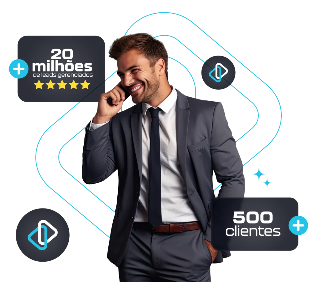 Executivo sorrindo ao telefone, com os selos "20 milhões de leads gerenciados" e "500 clientes"